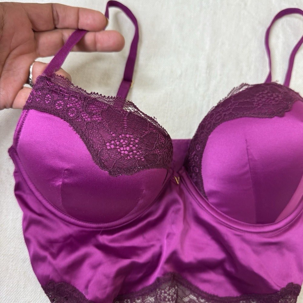 Victoria's Secret Bombshell Plunge Bra Corset Bustier Size 34C Plum Satin Pushup - Picture 3 of 12